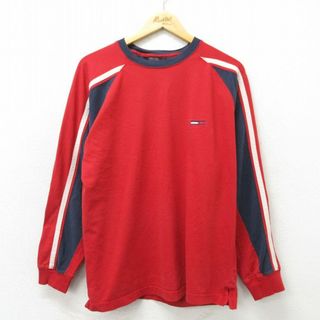 トミーヒルフィガー(TOMMY HILFIGER)のXL★古着 トミーヒルフィガー TOMMY HILFIGER トミージーンズ 半袖 ブランド Tシャツ メンズ 90年代 90s ワンポイントロゴ コットン クルーネック 赤 レッド 23jul01 中古(Tシャツ/カットソー(半袖/袖なし))