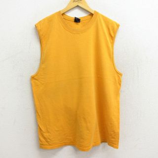 XL★古着 ベーシックエディジョン ビンテージ ノースリーブ Tシャツ メンズ 00年代 00s 無地 クルーネック 黄 イエロー 23jun29 中古