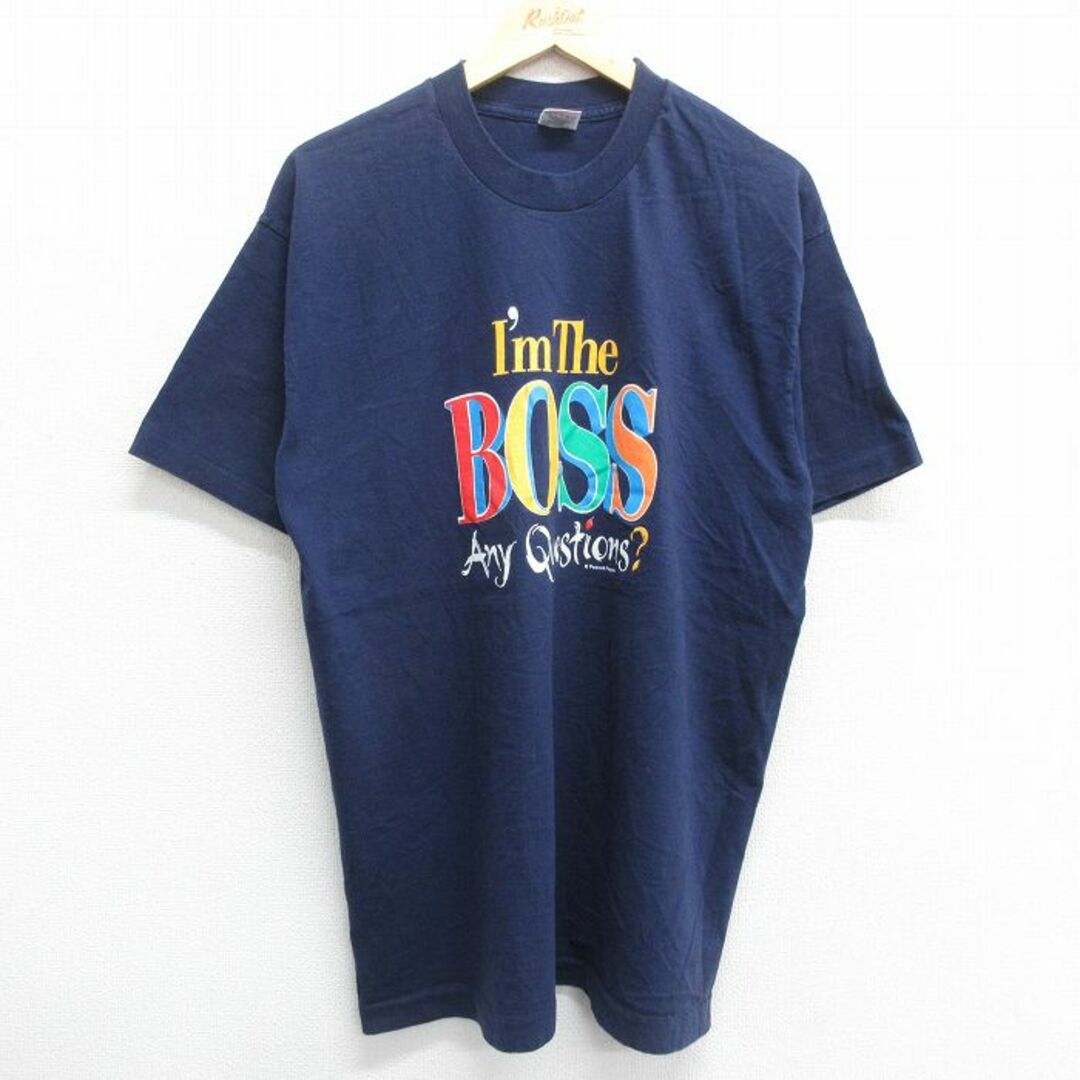 BOSS(ボス)のXL★古着 半袖 ビンテージ Tシャツ メンズ 90年代 90s BOSS コットン クルーネック USA製 紺 ネイビー 【spe】 23jun26 中古 メンズのトップス(Tシャツ/カットソー(半袖/袖なし))の商品写真