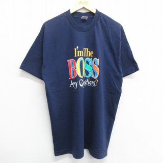 ボス(BOSS)のXL★古着 半袖 ビンテージ Tシャツ メンズ 90年代 90s BOSS コットン クルーネック USA製 紺 ネイビー 【spe】 23jun26 中古(Tシャツ/カットソー(半袖/袖なし))