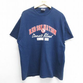 ヘインズ(Hanes)のXL★古着 ヘインズ Hanes 半袖 ビンテージ Tシャツ メンズ 00年代 00s MLB ボストンレッドソックス 赤十字 レッド コットン クルーネック 紺 ネイビー メジャーリーグ ベースボール 野球 23jun26 中古(Tシャツ/カットソー(半袖/袖なし))