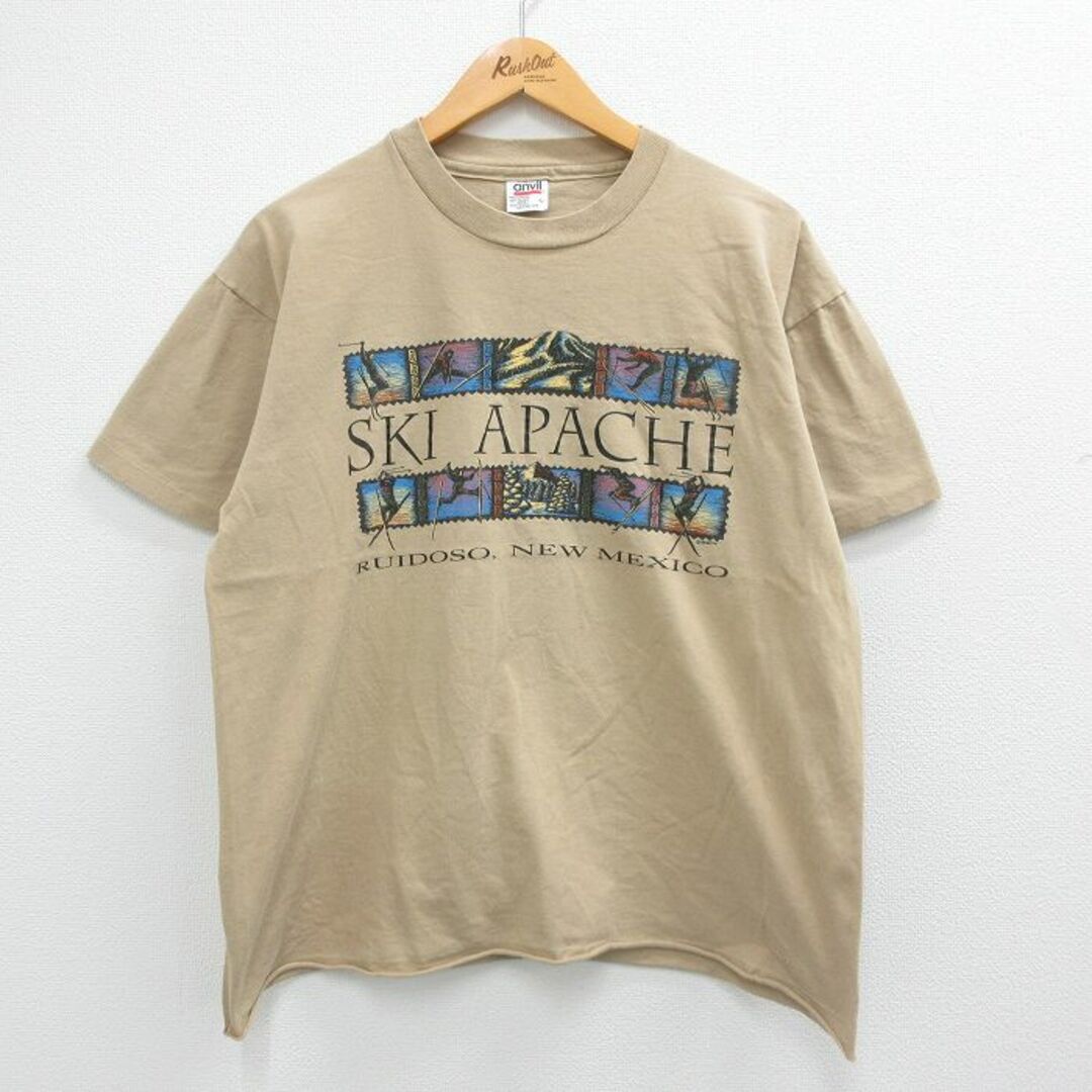 L★古着 半袖 ビンテージ Tシャツ メンズ 90年代 90s スキーアパッチ ニューメキシコ コットン クルーネック ベージュ カーキ 23jun26 中古 メンズのトップス(Tシャツ/カットソー(半袖/袖なし))の商品写真