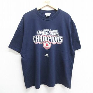 アディダス(adidas)のXL★古着 アディダス adidas 半袖 ビンテージ Tシャツ メンズ 00年代 00s ワンポイントロゴ MLB ボストンレッドソックス ワールドシリーズ 大きいサイズ コットン クルーネック 紺 ネイビー メジャーリーグ ベースボール 野球 23jun26 中古(Tシャツ/カットソー(半袖/袖なし))