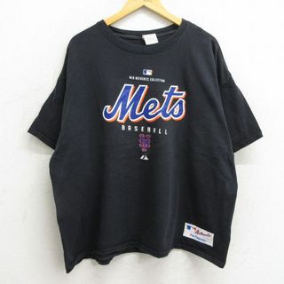 マジェスティック(Majestic)のXL★古着 マジェスティック 半袖 ビンテージ Tシャツ メンズ 00年代 00s MLB ニューヨークメッツ 大きいサイズ コットン クルーネック 黒 ブラック メジャーリーグ ベースボール 野球 23jun27 中古(Tシャツ/カットソー(半袖/袖なし))