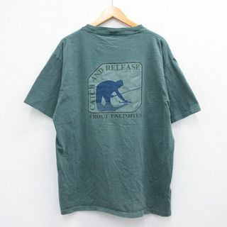 XL★古着 半袖 ビンテージ Tシャツ メンズ 90年代 90s キャッチアンドリリース 釣り 大きいサイズ コットン クルーネック USA製 緑 グリーン 23jun29 中古(Tシャツ/カットソー(半袖/袖なし))