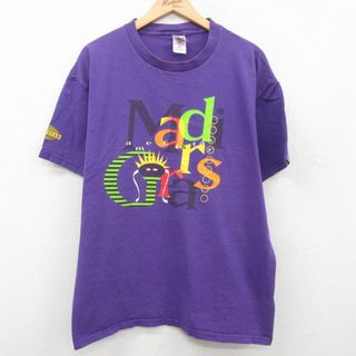 XL★古着 半袖 ビンテージ Tシャツ メンズ 00年代 00s マルディゲラス メッセージ コットン クルーネック 紫 パープル 23jun29 中古(Tシャツ/カットソー(半袖/袖なし))