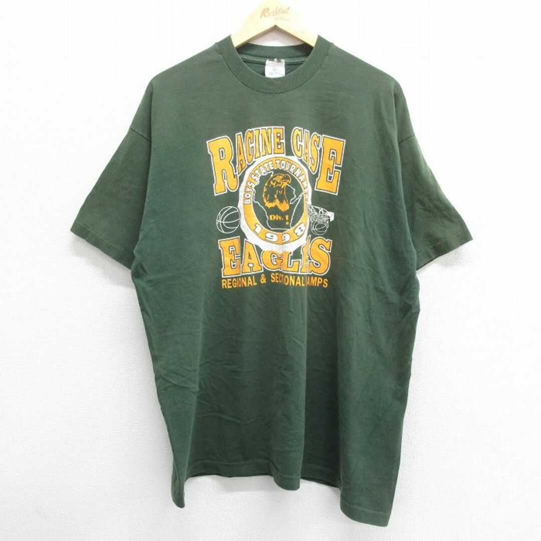 XL★古着 半袖 ビンテージ Tシャツ メンズ 90年代 90s ラシーンケース イーグルス バスケットボール 大きいサイズ コットン クルーネック 緑 グリーン 23jul01 中古 メンズのトップス(Tシャツ/カットソー(半袖/袖なし))の商品写真