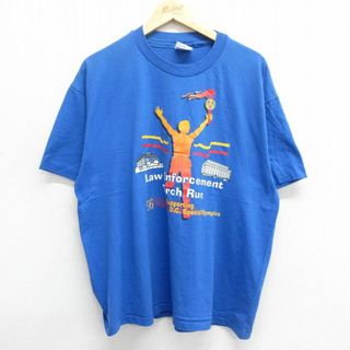 ヘインズ(Hanes)のXL★古着 ヘインズ Hanes 半袖 ビンテージ Tシャツ メンズ 90年代 90s Torch Run スペシャルオリンピックス 聖火 大きいサイズ クルーネック USA製 青 ブルー 23jul01 中古(Tシャツ/カットソー(半袖/袖なし))