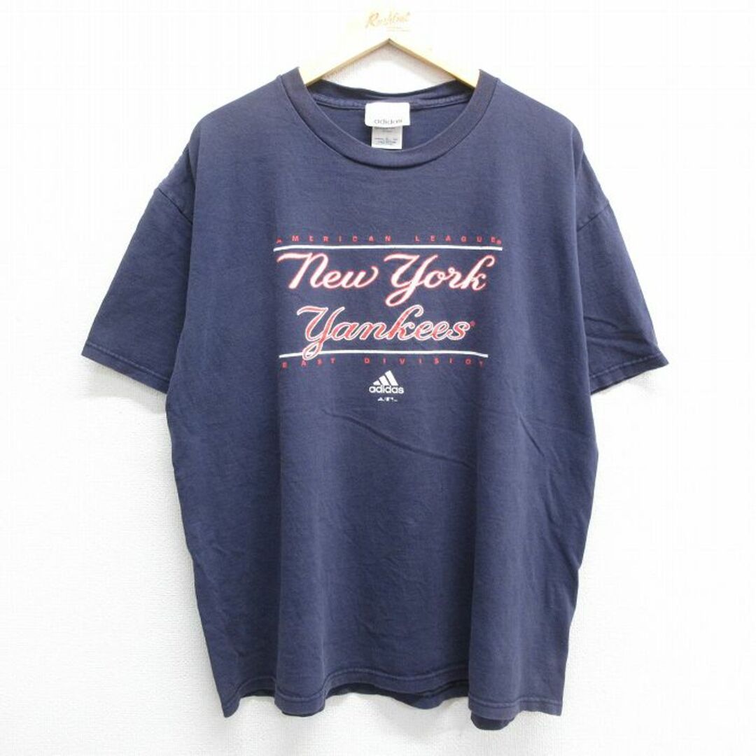 adidas(アディダス)のXL★古着 アディダス adidas 半袖 ビンテージ Tシャツ メンズ 00年代 00s ワンポイントロゴ MLB ニューヨークヤンキース 大きいサイズ コットン クルーネック 紺 ネイビー メジャーリーグ ベースボール 野球 23jul01 中古 メンズのトップス(Tシャツ/カットソー(半袖/袖なし))の商品写真