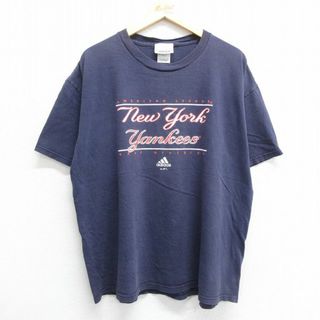 アディダス(adidas)のXL★古着 アディダス adidas 半袖 ビンテージ Tシャツ メンズ 00年代 00s ワンポイントロゴ MLB ニューヨークヤンキース 大きいサイズ コットン クルーネック 紺 ネイビー メジャーリーグ ベースボール 野球 23jul01 中古(Tシャツ/カットソー(半袖/袖なし))