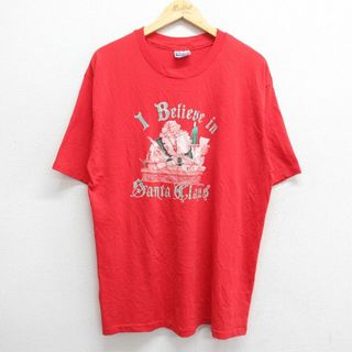 ヘインズ(Hanes)のXL★古着 ヘインズ Hanes 半袖 ビンテージ Tシャツ メンズ 80年代 80s サンタクロース クルーネック USA製 赤 レッド 23jul01 中古(Tシャツ/カットソー(半袖/袖なし))