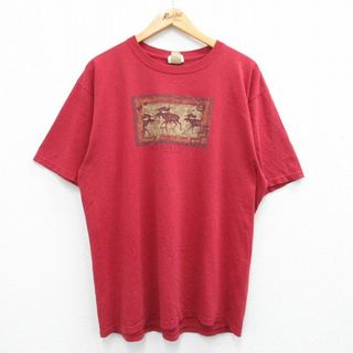 XL★古着 半袖 ビンテージ Tシャツ メンズ 90年代 90s イエローストーン シカ クルーネック USA製 赤系 レッド 霜降り 23jul01 中古(Tシャツ/カットソー(半袖/袖なし))