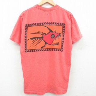 XL★古着 半袖 ビンテージ Tシャツ メンズ 90年代 90s 魚 胸ポケット付き クルーネック ピンク系 23jul01 中古(Tシャツ/カットソー(半袖/袖なし))