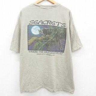 XL★古着 半袖 ビンテージ Tシャツ メンズ 90年代 90s SEACRETS 動物 大きいサイズ コットン クルーネック USA製 ベージュ カーキ 23jul01 中古(Tシャツ/カットソー(半袖/袖なし))