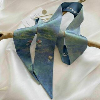 再入荷 スカーフ モネ 睡蓮 絵画 油絵 バッグスカーフ 印象派 青 ブルー 冬(バンダナ/スカーフ)