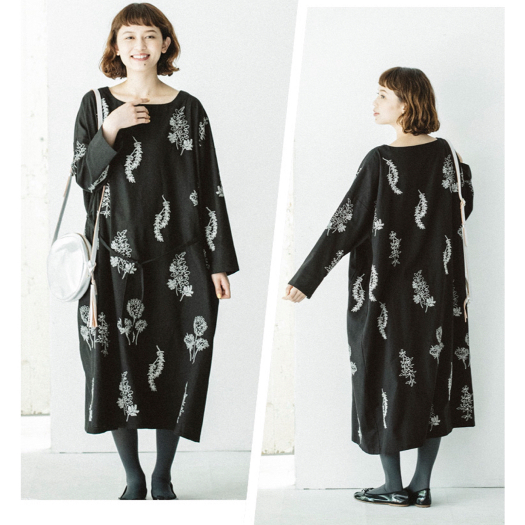 nest Robe(ネストローブ)のLUEUF ボタニカル刺繍ワンピース　ブラック×アイボリー　ルフ レディースのワンピース(ロングワンピース/マキシワンピース)の商品写真