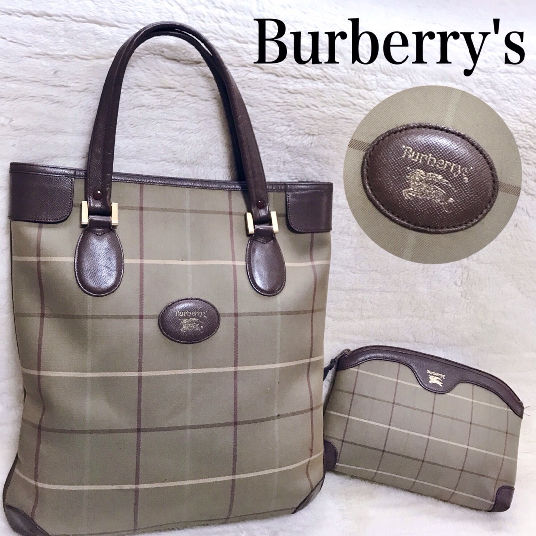 BURBERRY(バーバリー)の希少 Burberrys ホースロゴ トートバッグ チェック柄 ポーチ付き 総柄 レディースのバッグ(トートバッグ)の商品写真