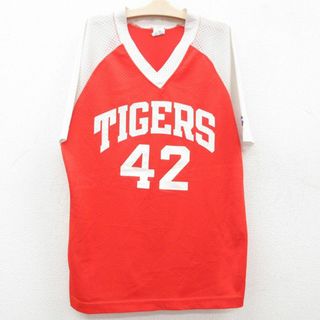 チャンピオン(Champion)の古着 チャンピオン champion 半袖 ビンテージ Tシャツ キッズ ガールズ 子供服 80年代 80s TIGERS ツートンカラー ラグラン Vネック メッシュ地 USA製 オレンジ他 ユニフォーム ゲームシャツ 23jul03(シャツ/カットソー)