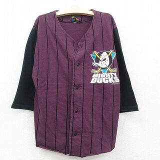 古着 長袖 ベースボール シャツ キッズ ボーイズ 子供服 90年代 90s NHL マイティダックス ノーカラー 紫他 パープル ストライプ アイスホッケー 23jul03(シャツ/カットソー)