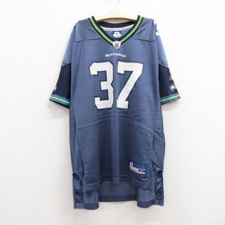 リーボック(Reebok)の古着 リーボック REEBOK 半袖 ビンテージ フットボール Tシャツ キッズ ボーイズ 子供服 00年代 00s NFL シアトルシーホークス ションアレキサンダー 37 メッシュ地 Vネック 紺 ネイビー アメフト スーパーボウル ユニフォーム ゲームシャツ 23jul04(シャツ/カットソー)