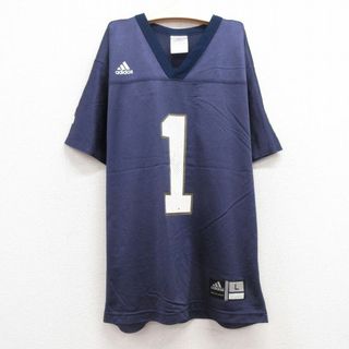 アディダス(adidas)の古着 アディダス adidas 半袖 ビンテージ フットボール Tシャツ キッズ ボーイズ 子供服 00年代 00s 1 メッシュ地 Vネック 紺 ネイビー ユニフォーム ゲームシャツ 23jul04(シャツ/カットソー)