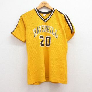 チャンピオン(Champion)の古着 チャンピオン champion 半袖 ビンテージ Tシャツ レディース 80年代 80s HAVERHILL メッシュ地 ラグラン Vネック USA製 黄 イエロー ユニフォーム ゲームシャツ 23jul04 中古(ミニワンピース)