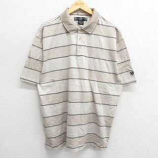 ナイキ(NIKE)のXL★古着 ナイキ NIKE 半袖 ブランド ポロ シャツ メンズ ゴルフ ワンポイントロゴ 大きいサイズ 薄ベージュ カーキ ボーダー 23jul08 中古 トップス(ポロシャツ)