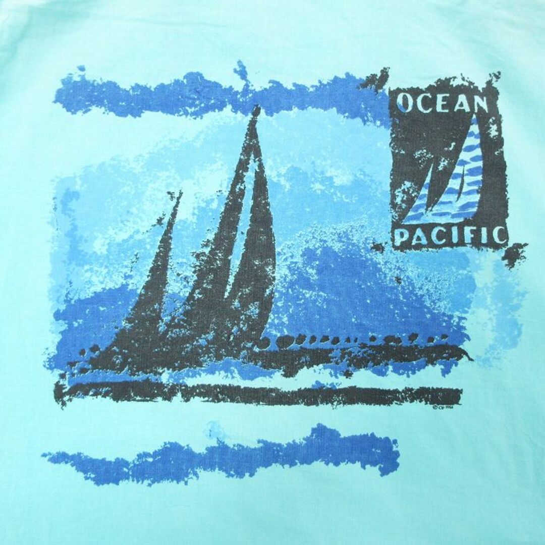 OCEAN PACIFIC(オーシャンパシフィック)のXL★古着 オーシャンパシフィック OP 半袖 シャツ メンズ 80年代 80s ビッグロゴ コットン 開襟 オープンカラー USA製青緑 23jul08 中古 トップス メンズのトップス(シャツ)の商品写真