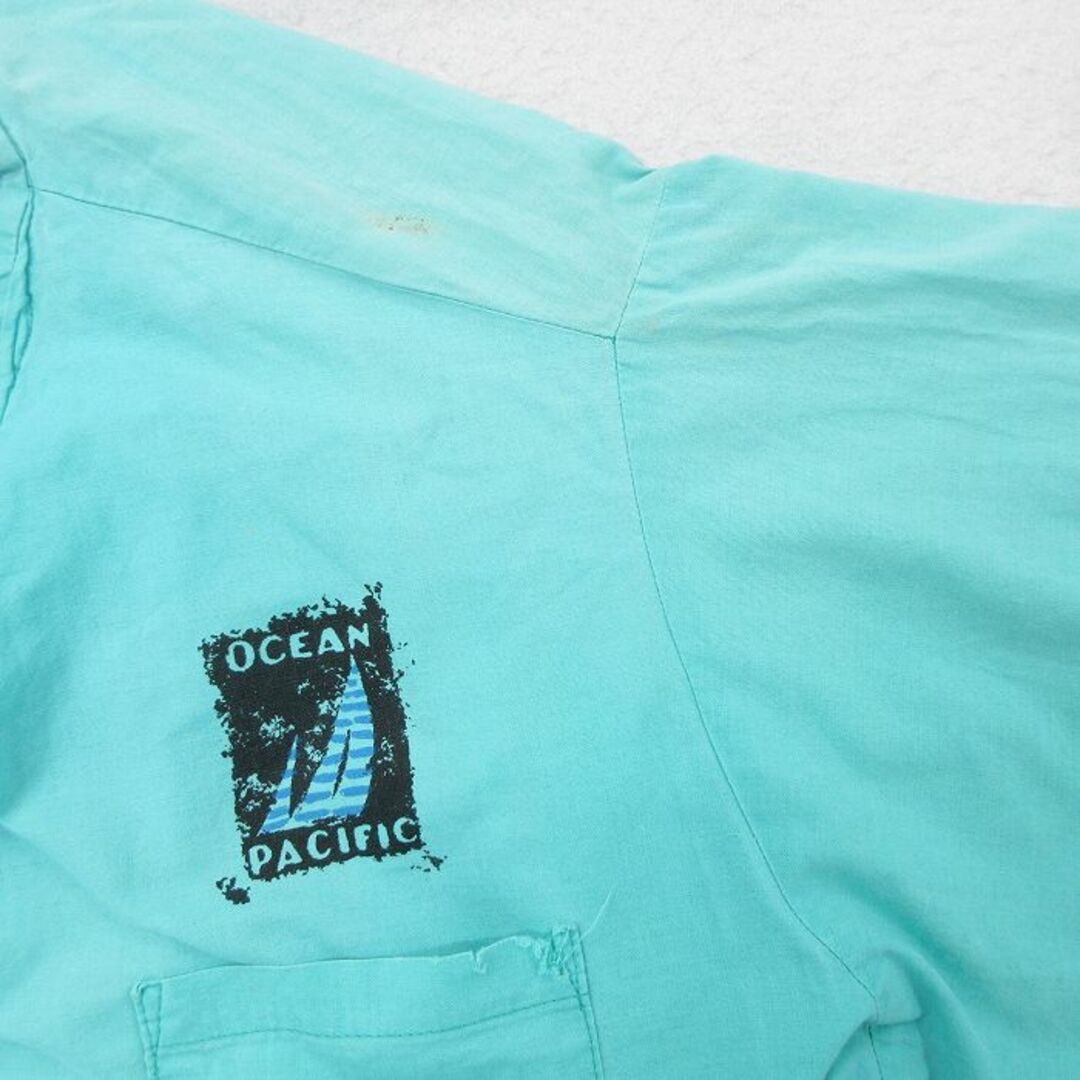 OCEAN PACIFIC(オーシャンパシフィック)のXL★古着 オーシャンパシフィック OP 半袖 シャツ メンズ 80年代 80s ビッグロゴ コットン 開襟 オープンカラー USA製青緑 23jul08 中古 トップス メンズのトップス(シャツ)の商品写真