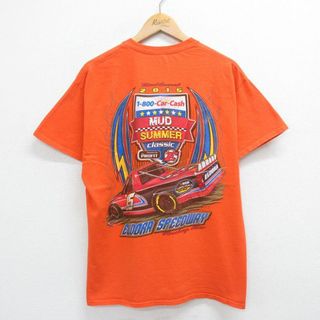 XL★古着 半袖 Tシャツ メンズ レーシングカー エルドラスピードウェイ コットン クルーネック オレンジ 23jul03 中古(Tシャツ/カットソー(半袖/袖なし))