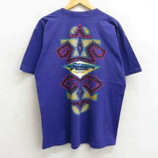 XL★古着 ホビー 半袖 ビンテージ Tシャツ メンズ 90年代 90s サーフボード ネイティブ柄 クルーネック 青紫 【spe】 23jul08 中古(Tシャツ/カットソー(半袖/袖なし))