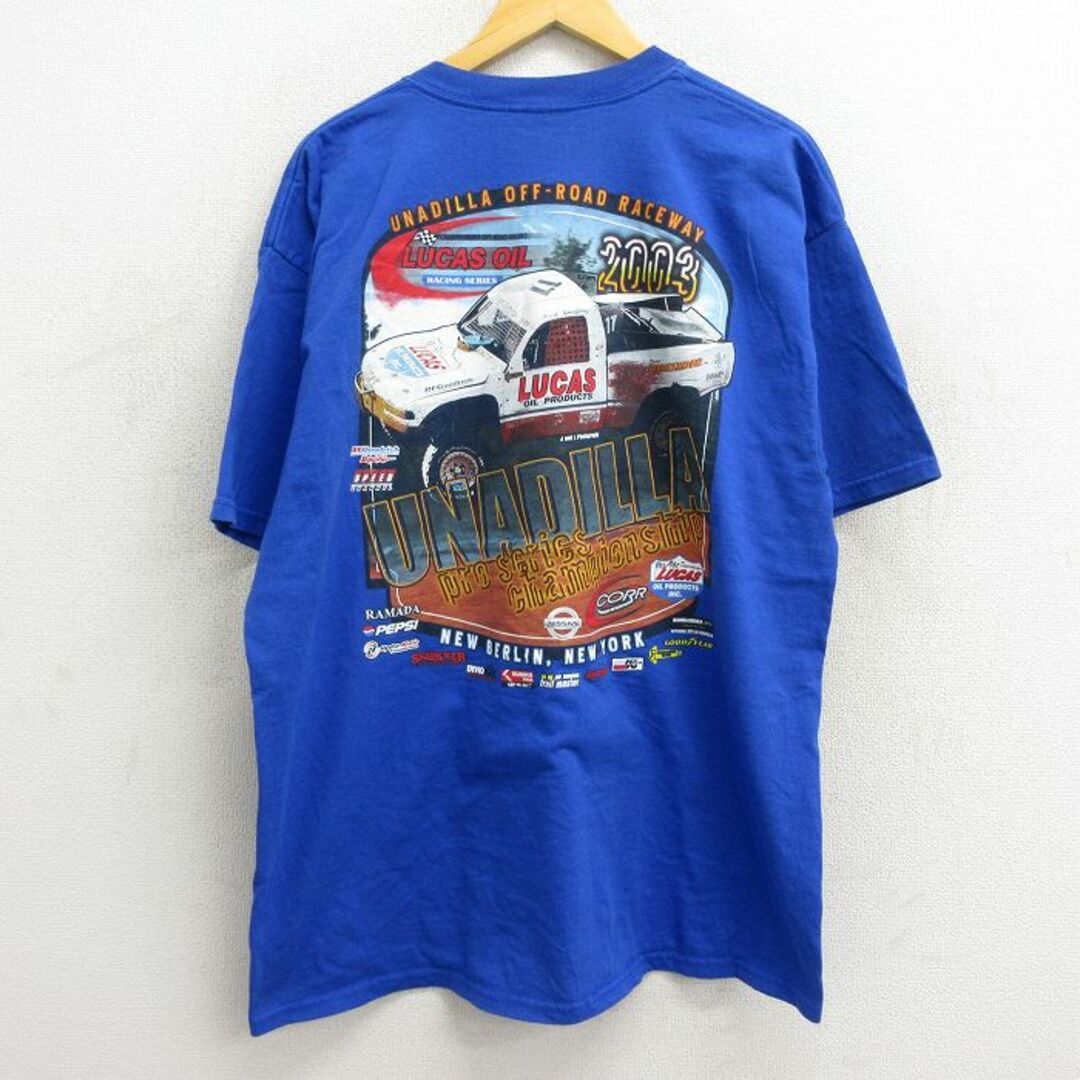 XL★古着 半袖 ビンテージ Tシャツ メンズ 00年代 00s 車 レーシング UNADILLA コットン クルーネック 青 ブルー 23jul07 中古 メンズのトップス(Tシャツ/カットソー(半袖/袖なし))の商品写真