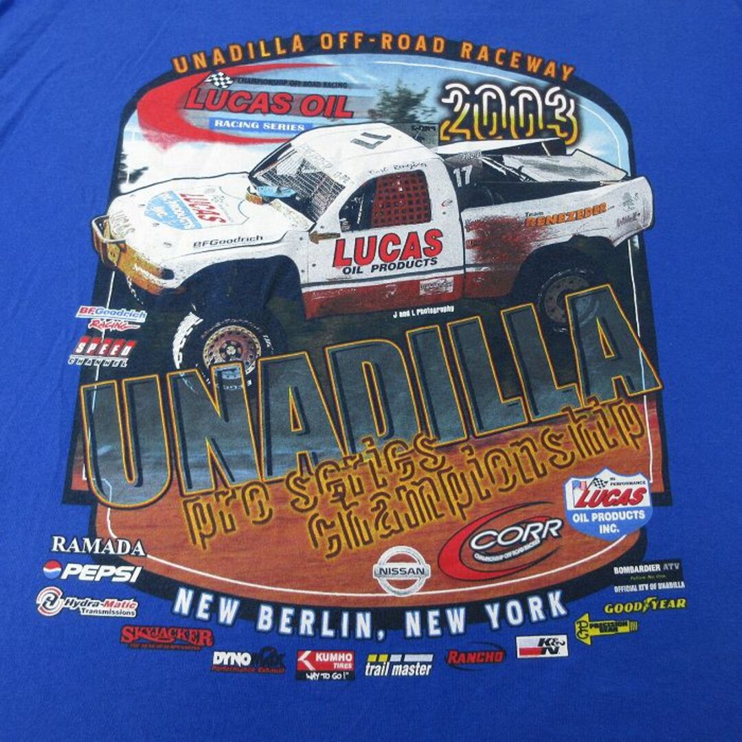 XL★古着 半袖 ビンテージ Tシャツ メンズ 00年代 00s 車 レーシング UNADILLA コットン クルーネック 青 ブルー 23jul07 中古 メンズのトップス(Tシャツ/カットソー(半袖/袖なし))の商品写真