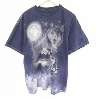 XL★古着 半袖 Tシャツ メンズ オオカミ 月 大きいサイズ クルーネック 紫他 パープル タイダイ 23jul06 中古(Tシャツ/カットソー(半袖/袖なし))