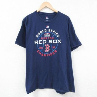 マジェスティック(Majestic)のXL★古着 マジェスティック 半袖 Tシャツ メンズ MLB ボストンレッドソックス ワールドシリーズ 大きいサイズ コットン クルーネック 紺 ネイビー メジャーリーグ ベースボール 野球 23jul06 中古(Tシャツ/カットソー(半袖/袖なし))