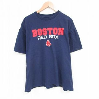 XL★古着 半袖 Tシャツ メンズ MLB ボストンレッドソックス 刺繍 大きいサイズ コットン クルーネック 紺 ネイビー メジャーリーグ ベースボール 野球 23jul03 中古(Tシャツ/カットソー(半袖/袖なし))