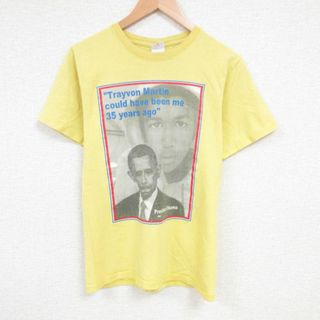 M★古着 半袖 Tシャツ メンズ バラクオバマ 大統領 コットン クルーネック 黄 イエロー 23jul03 中古(Tシャツ/カットソー(半袖/袖なし))