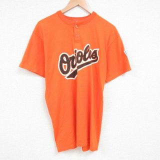 マジェスティック(Majestic)のL★古着 マジェスティック 半袖 Tシャツ メンズ MLB リトルリーグ ヘンリーネック オレンジ メジャーリーグ ベースボール 野球 23jul04 中古(Tシャツ/カットソー(半袖/袖なし))