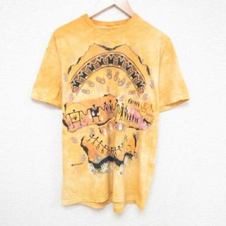 XL★古着 半袖 Tシャツ メンズ 人 コットン クルーネック 濃黄他 イエロー タイダイ 23jul08 中古(Tシャツ/カットソー(半袖/袖なし))