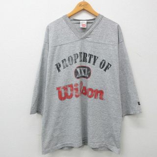 ウィルソン(wilson)のXL★古着 ウィルソン 7分袖 ビンテージ フットボール Tシャツ メンズ 00年代 00s ビッグロゴ 大きいサイズ Vネック グレー 霜降り 23jul08 中古 7分丈 七分丈 七分袖(Tシャツ/カットソー(半袖/袖なし))