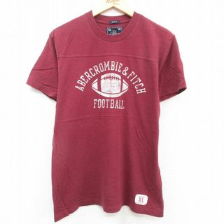 アバクロンビーアンドフィッチ(Abercrombie&Fitch)のL★古着 アバクロンビー Abercrombie&fitch 半袖 フットボール Tシャツ メンズ コットン クルーネック エンジ 23jul07 中古(Tシャツ/カットソー(半袖/袖なし))