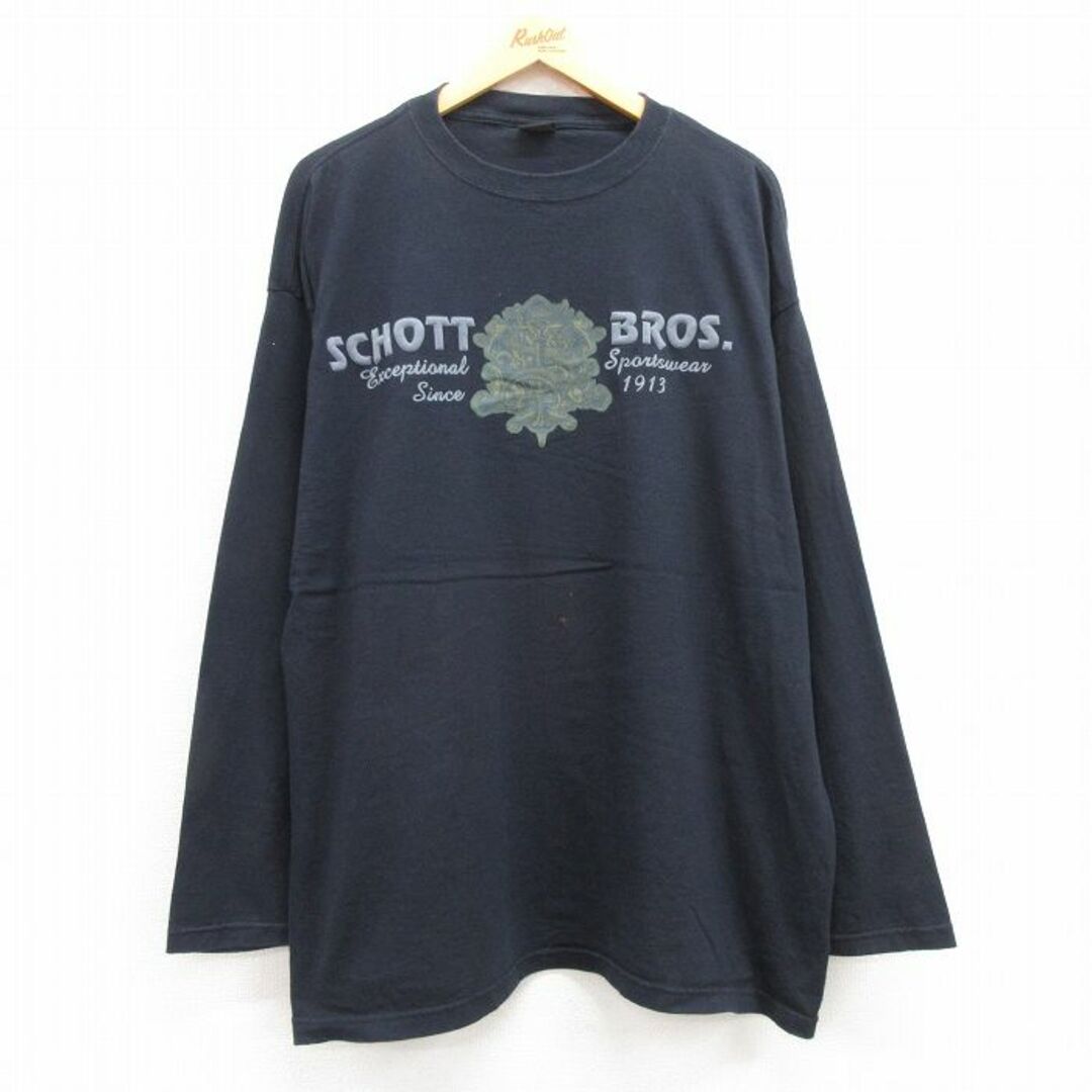 schott(ショット)のXL★古着 Schott ショット 長袖 ビンテージ Tシャツ メンズ 00年代 00s エンブレム フロッキープリント 大きいサイズ コットン クルーネック カナダ製 紺 ネイビー 23jul07 中古 メンズのトップス(Tシャツ/カットソー(半袖/袖なし))の商品写真