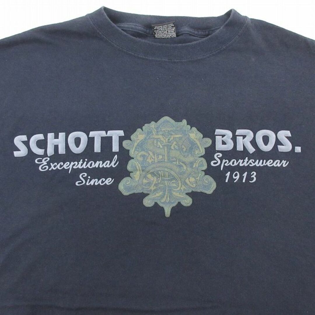 schott(ショット)のXL★古着 Schott ショット 長袖 ビンテージ Tシャツ メンズ 00年代 00s エンブレム フロッキープリント 大きいサイズ コットン クルーネック カナダ製 紺 ネイビー 23jul07 中古 メンズのトップス(Tシャツ/カットソー(半袖/袖なし))の商品写真