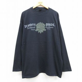 XL★古着 Schott ショット 長袖 ビンテージ Tシャツ メンズ 00年代 00s エンブレム フロッキープリント 大きいサイズ コットン クルーネック カナダ製 紺 ネイビー 23jul07 中古