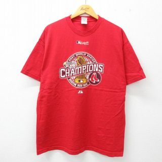 マジェスティック(Majestic)のXL★古着 マジェスティック 半袖 ビンテージ Tシャツ メンズ 00年代 00s MLB ボストンレッドソックス ワールドシリーズ 大きいサイズ コットン クルーネック 赤 レッド メジャーリーグ ベースボール 野球 23jul04 中古(Tシャツ/カットソー(半袖/袖なし))