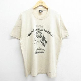 XL★古着 半袖 ビンテージ Tシャツ メンズ 90年代 90s 星条旗 戦車 DESERT クルーネック USA製 ベージュ カーキ 23jul04 中古(Tシャツ/カットソー(半袖/袖なし))