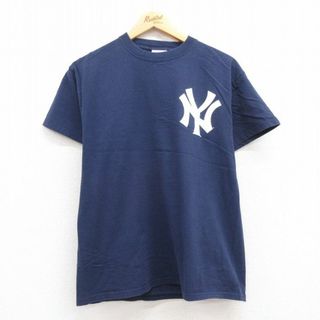 マジェスティック(Majestic)のM★古着 マジェスティック 半袖 ビンテージ Tシャツ メンズ 00年代 00s MLB ニューヨークヤンキース ニックスウィッシャー 33 コットン クルーネック 紺 ネイビー メジャーリーグ ベースボール 野球 23jul04 中古(Tシャツ/カットソー(半袖/袖なし))