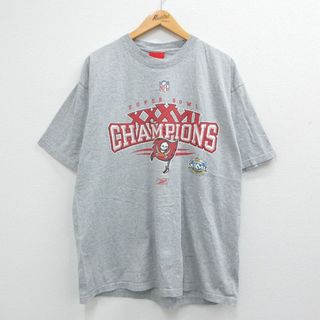 チャンピオン(Champion)のXL★古着 リーボック REEBOK 半袖 ビンテージ Tシャツ メンズ 00年代 00s NFL タンパベイバッカニアーズ チャンピオンズ 大きいサイズ クルーネック グレー 霜降り アメフト スーパーボウル 23jul04 中古(Tシャツ/カットソー(半袖/袖なし))