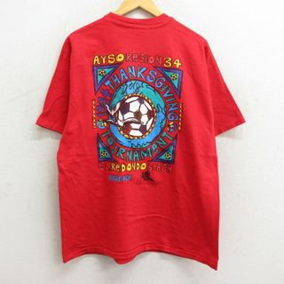 ヘインズ(Hanes)のXL★古着 ヘインズ Hanes 半袖 ビンテージ Tシャツ メンズ 90年代 90s サッカー 地球 鳥 コットン クルーネック 赤 レッド 23jul06 中古(Tシャツ/カットソー(半袖/袖なし))