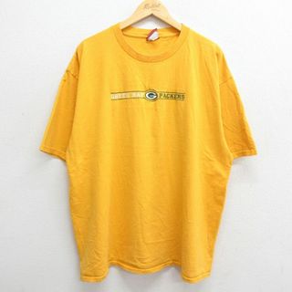 XL★古着 半袖 ビンテージ Tシャツ メンズ 00年代 00s NFL グリーンベイパッカーズ 刺繍 大きいサイズ コットン クルーネック 黄 イエロー アメフト スーパーボウル 23jul08 中古(Tシャツ/カットソー(半袖/袖なし))